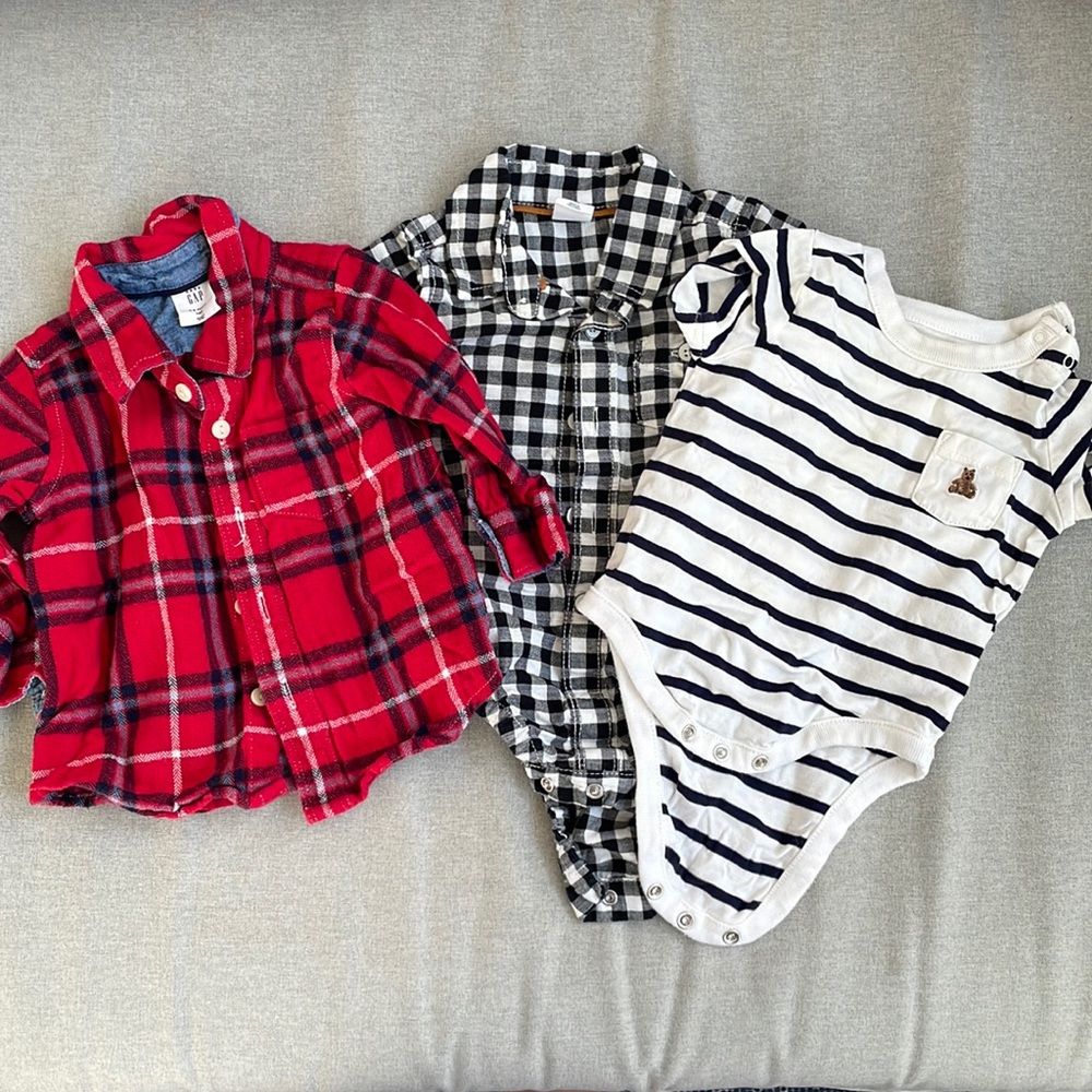 Baby boys Gap 3-pack button down + bodysuits for fall, size 3-6m